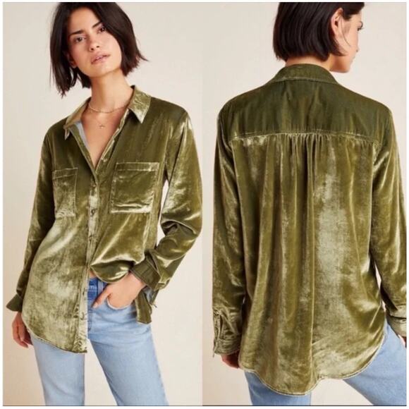 Pilcro Tops - Anthropologie Pilcro Crushed Velvet Button Front Shirt Green Size Small